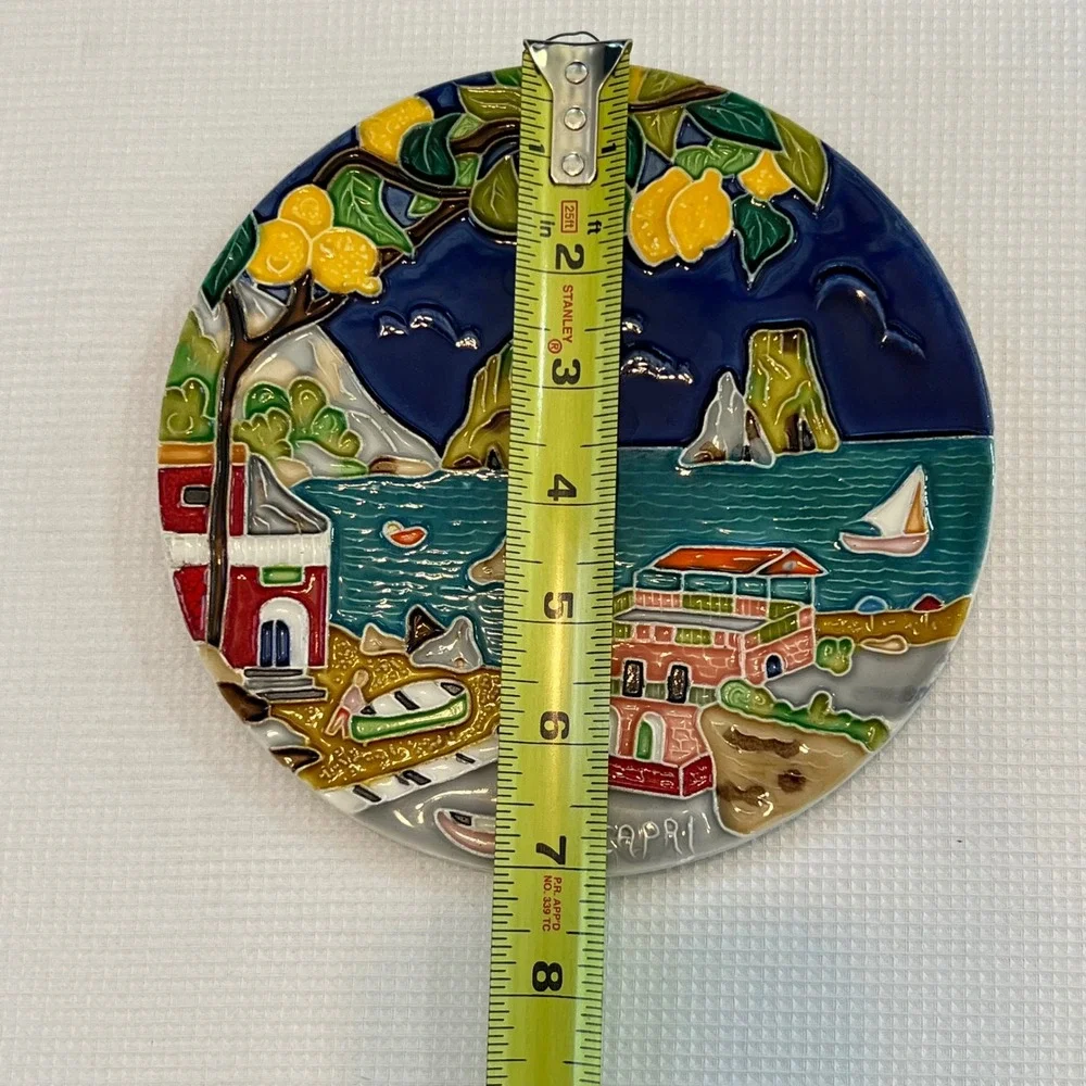 Vintage Signed Vivani Italy Relief Ceramic Capri Plate 3D Lemons Faraglioni 7.5